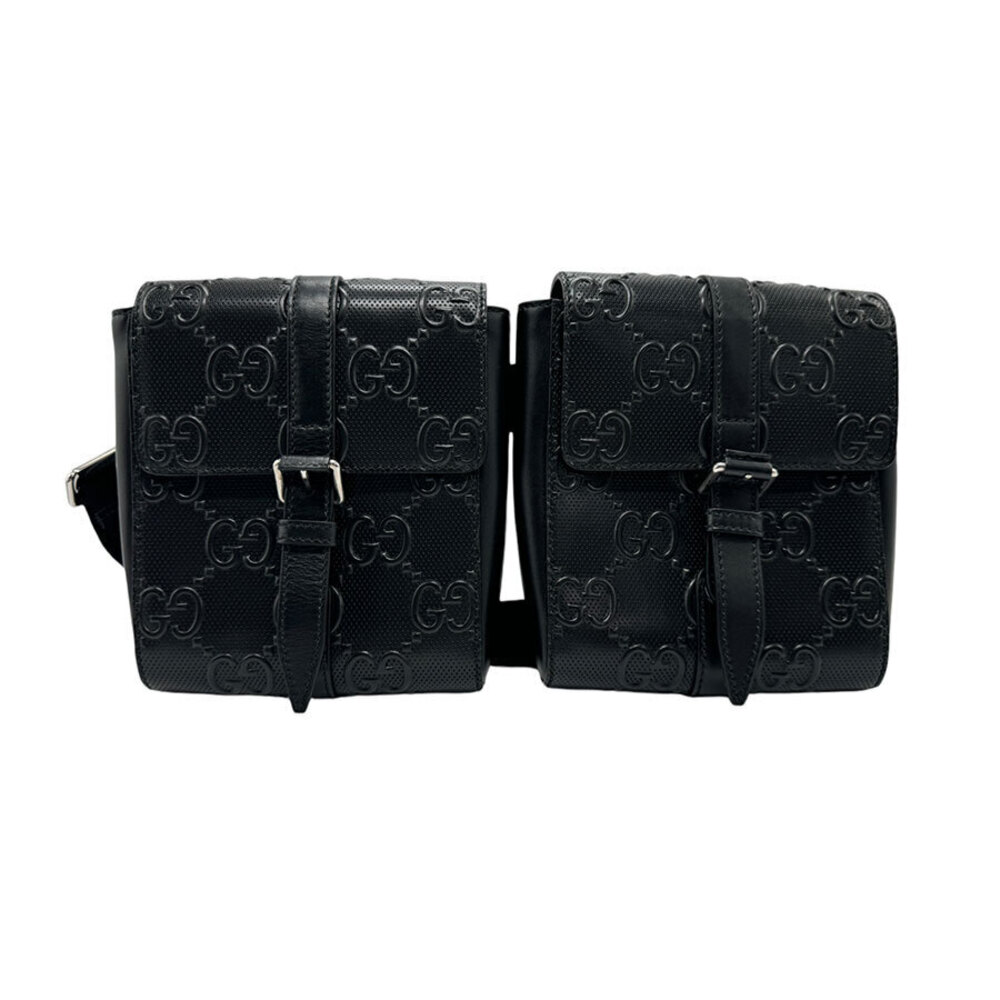 Gucci Waist Bag Belt GG Embossed Leather Silver Black